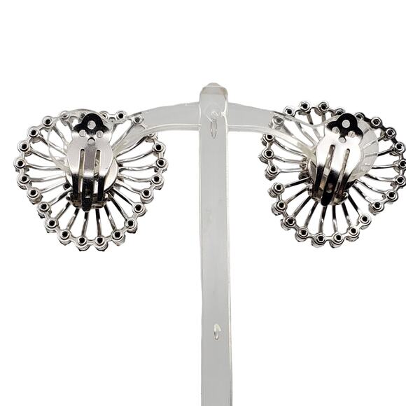 Vintage 60s Rhinestone Clip Earrings Crystal Sunburst Heart Riveted Silver Tone - Picture 5 of 9